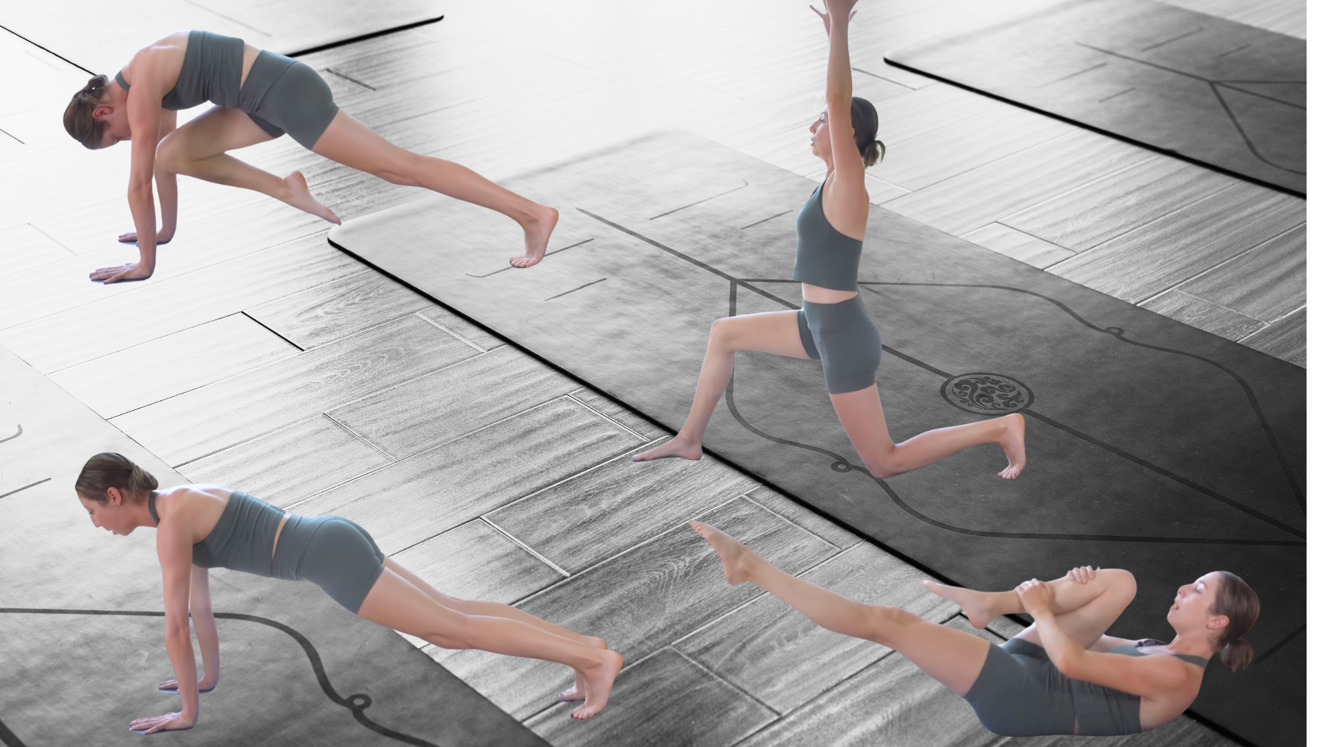 Collage of a background of yoga mats on a hardwood floor plus images of Yoga With Kassandra practicing yoga for core strength poses