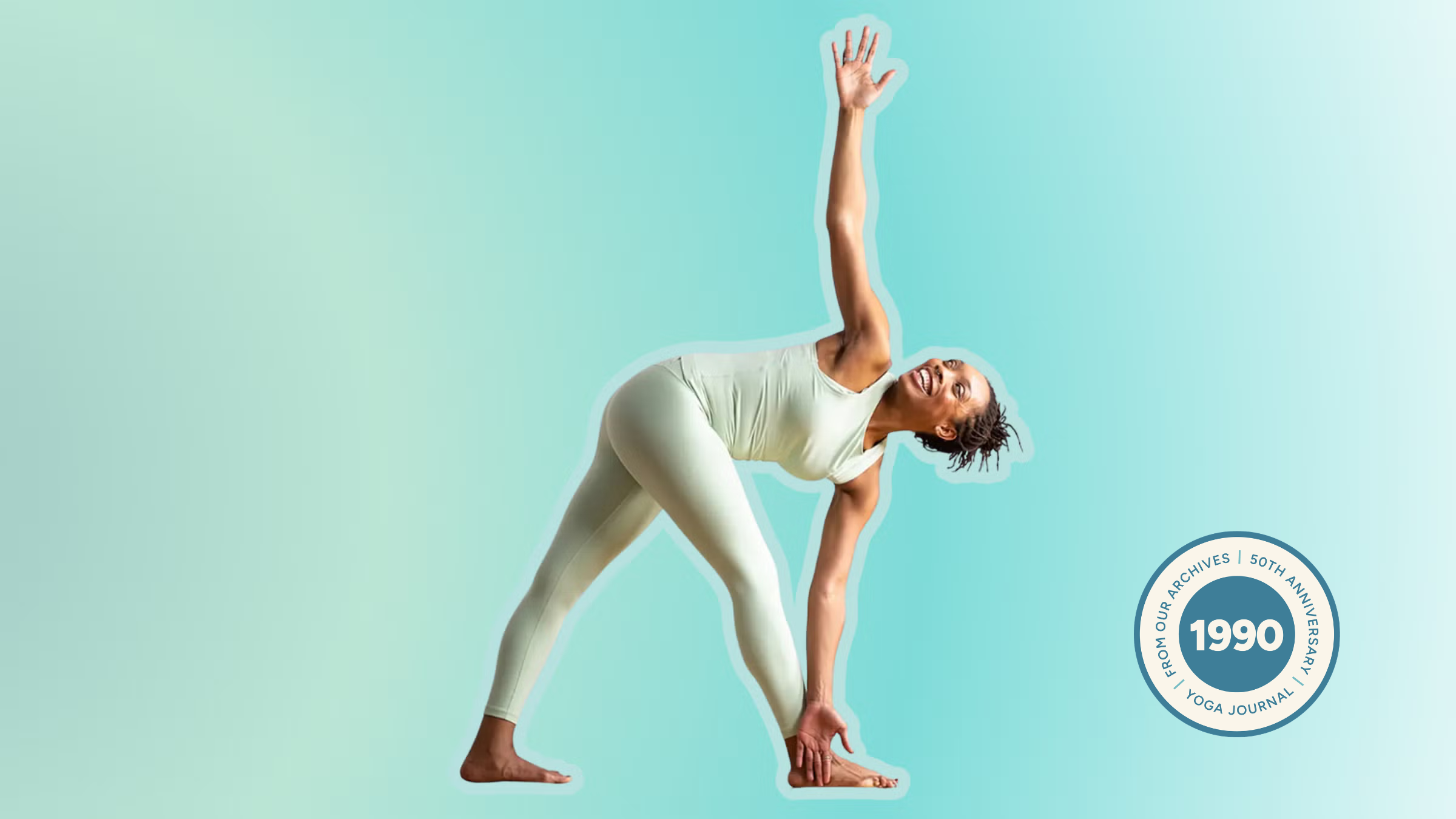 Woman practicing Revolved Triangle Pose against light green background.